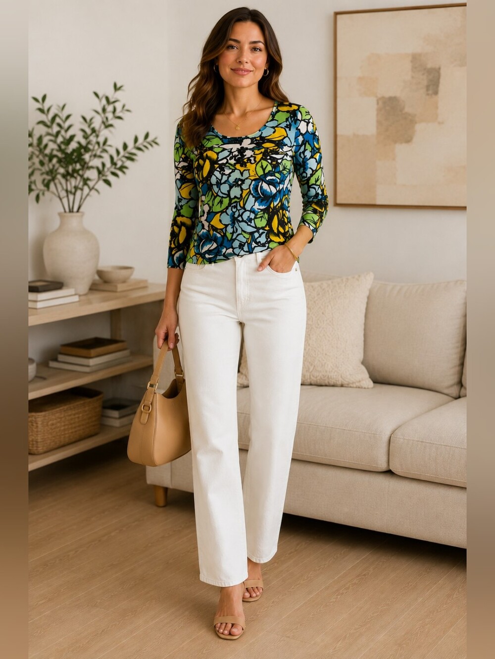 ESCADA Floral Knit Top Small 3/4 Sleeve Modal Cotton Art Print Designer
